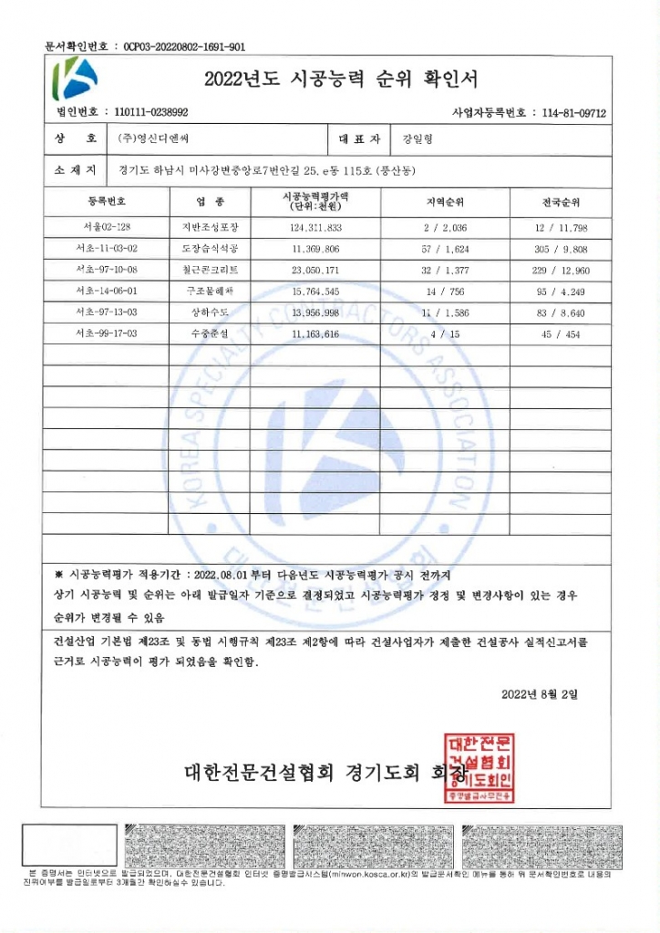 [시공능력] 2022년 시공능력 순위 확인서