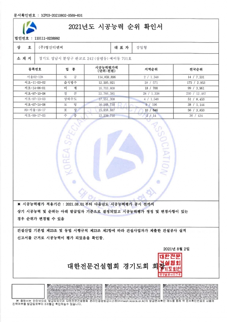 [시공능력] 2021년 시공능력 순위 확인서